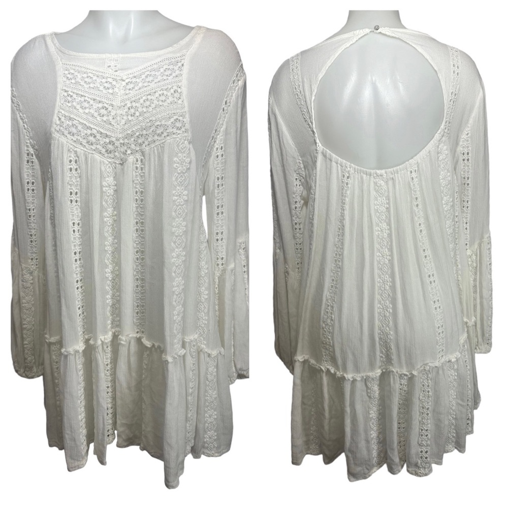 Free People M White Eyelet Crotchet Lace Mini Dress Open Back Bohemian Swing L/S